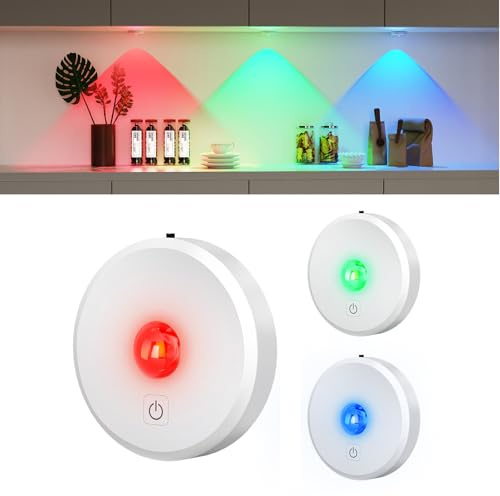 MEKKLEON RGB LED Vitrinenbeleuchtung Kabellos mit Fernbedienung, Weiß, 3 Stück 2000mAh Aufladbar LED Spots Akku, Unterschrankleuchte, Schrankleuchte, küchenunterschrank