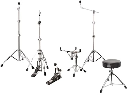 Fame Drum Hardware Set, Doppelstrebig, Verchromt, Galgenbeckenständer, Beckenständer, Hi-Hat-Ständer, Snare-Ständer, Fußmaschine, Drumhocker, Drummer Handtuch