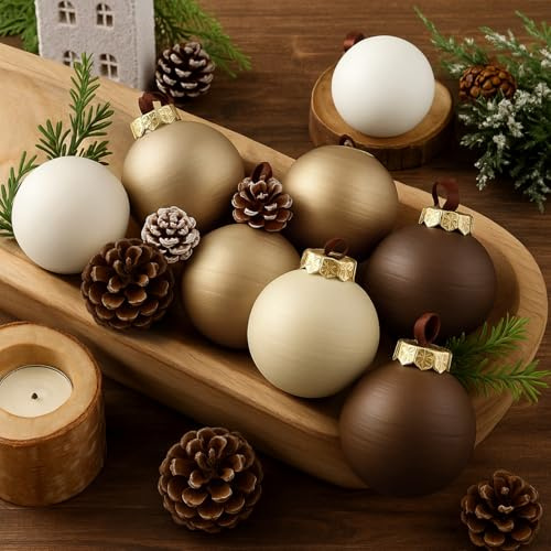 Suilung 24 Stück neutrale strukturierte Weihnachtskugeln, 6,1 cm, rustikal, matt, cremefarben, elfenbeinfarben, Braun, Gold, Weihnachtskugeln, antikes Bauernhaus, Weihnachtsbaumschmuck, moderne