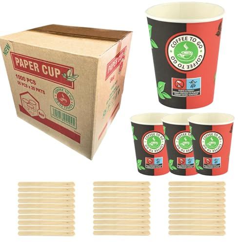 Bornshine - Juego de 1000-8 oz (200 ml) - Vasos de cartón, Vasos de papel biodegradables ecológicos desechables para agua caliente fría - Incluye agitadores de madera prácticos