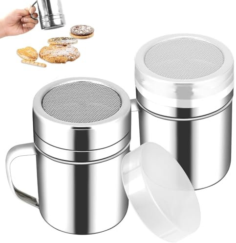 SoeUyd 2 Piezas Plumero de Coctelera de Azúcar en Polvo, Espolvoreador de Acero Inoxidable con Rejilla de Tela Metálica, Agitador de Malla de Chocolate, Tamiz para Canela