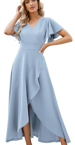 Formal Dresses for Women,Gowns Evening Party Cocktail Dress,Long Split Elegant V Neck Wrap Ruffle Wedding Guest A-line Dresses Aqua Blue-XL