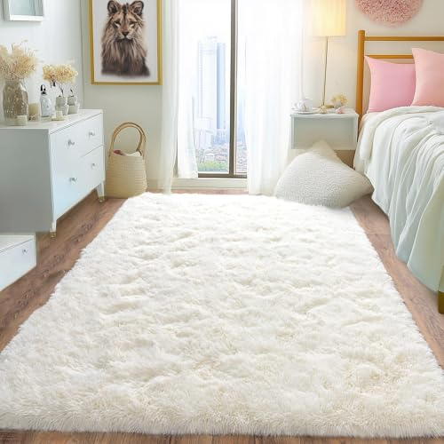 OuTanTe Hochflor Teppich Wohnzimmer 120x160cm, Creme Flauschiger Weichen Teppich Schlafzimmer Teppiche, Modern Shag Plüsch Wohnzimmerteppich Bettvorleger High-Pile Carpet rutschfest für Kinderzimmer
