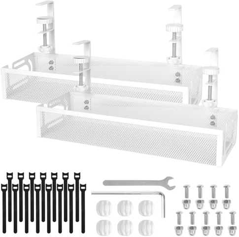 Under Desk Cable Management Tray 2 Pack - No Drill Metal Mesh Cable Management Under Desk with Side Opening Design & Clamp Mount, Wire Organizer for Home Office White
