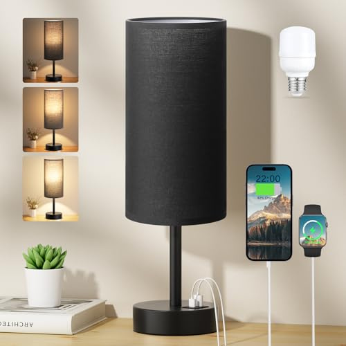 Aooshine Black Touch Lamp, Bed Lamp with USB-C+A Charging Ports, Black Base | USB A+C Charging Ports, Small Lamp, Fabric Shade for Kids Room, Study, Dorm, Office, Bulb Included