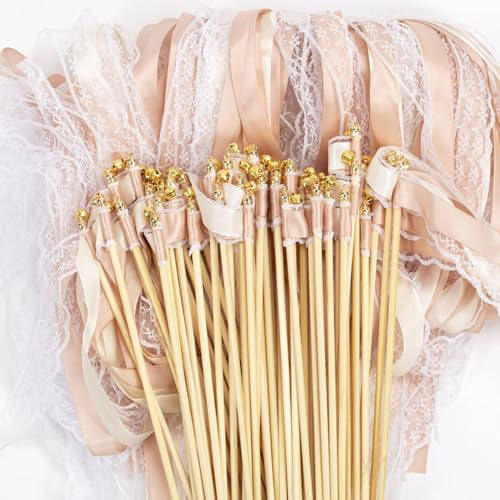 50 Stück Wedding Wands Wunderkerzen Hochzeit Sitzplan Spalier Hochzeit | Champagner Sitzplan Hochzeit Luftschlangen mit Groß Glöckchen und Hochzeitsbändern Zauberstäbe Seidenfeenstab für Hochzeiten