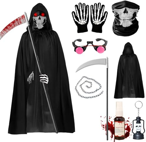 TaimeiMao Costume Halloween de Faucheur avec Yeux Brillants,Faucille,Gants,Faux Sang,Capuchon,Cape de Vampire pour Enfants Adulte,Déguisement de Fantôme pour Halloween Cosplay (Adultes : 150)