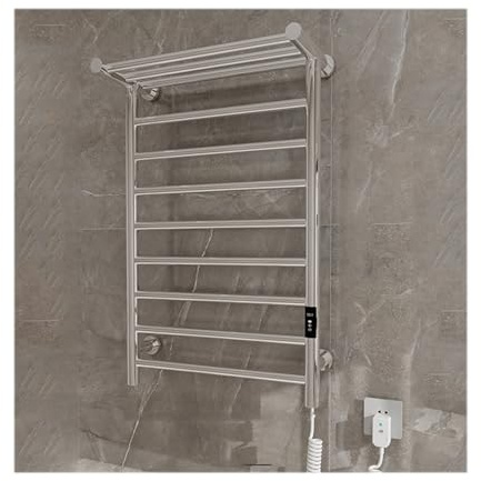 LYMGRZ Scaldasalviette elettrici da Bagno, Colore Argento, con Attacco a Destra, scaldasalviette da Parete con ripiano Superiore, stendibiancheria con Timer di Regolazione della Temperatura