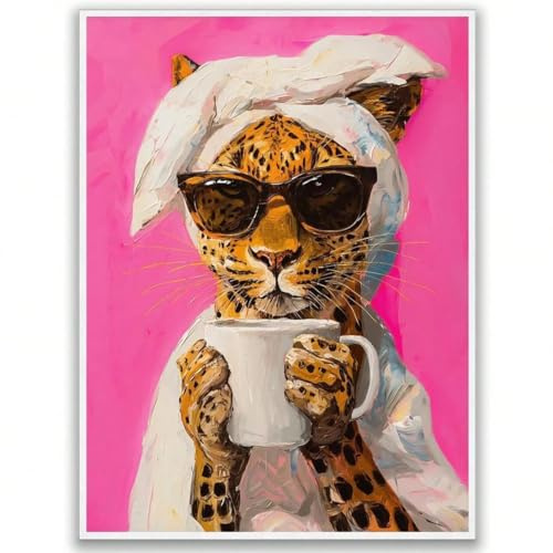 AIHNBF Glamour Leopard mit Sonnenbrille Leinwandbild - Pop Art Tier Kunstdruck für Moderne Wohnkultur, Pink Hintergrund Schicker Akzent, 30 x 45 cm