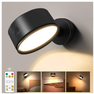 Applique Murale Intérieure Sans Fil et Sans Percer, Lampe Murale Sans Fil Rechargeable Batterie 5000mAh, Lampe de Chevet Murale Rotation à 360° avec Télécommande et Tactile, 3 Modes de Couleur