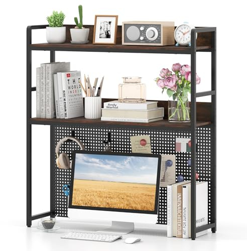 COSTWAY Skrivbordshylla metallram, bordshylla med piedestal, skrivbord övre hylla för 32 tums bildskärmar, bokhylla förvaring organisatör rustik brun 94 x 27 x 103 cm