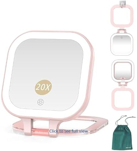 Mocado Beidseitig Taschenspiegel mit Vergrößerung, 1/20 Fach Vergrößerungsspiegel mit Licht, Wiederaufladbar Reisespiegel mit 3 Farben Lichter, Dimmbarer Touchscreen, Tragbarer Kosmetikspiegel(Rosa)
