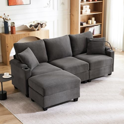 Zepneiy L-förmiges 3-Sitzer-Schlafsofa mit USB, Ecksofa mit Schlaffunktion, Fußstütze und Getränkehalter, 3-Sitzer-Sofa mit Armlehnen-Aufbewahrung und 2 Kissen für Wohnzimmer, Büro, Grau