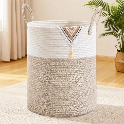 MYHOMMATTO 100L Wäschekorb Groß Geflochten mit Henkel Rund, Braun Weiß | Baumwollhenkel Aufbewahrungskorb Für Wäsche Decken Kissen Spielzeug Im Kinderzimmer Wohnzimmer Schlafzimmer Und Waschraum