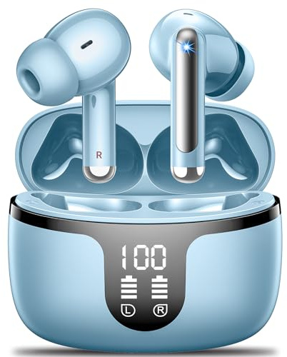 Cuffie Bluetooth Monyhigh senza fili Bluetooth 5.4 Sport in Ear Cuffie con 4 microfono, riduzione del rumore ENC HiFi Stereo 42H, indicatore LED, auricolari per lavoro e studio, blu chiaro