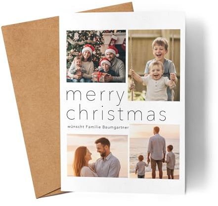 Kiddle-Design Familien Karte zu Weihnachten mit Namen, Text und Bildern Bedrucken, Weihnachtskarte Personalisiert mit eigenen Fotos, Frohe Weihnachten Grußkarte inkl. Umschlag