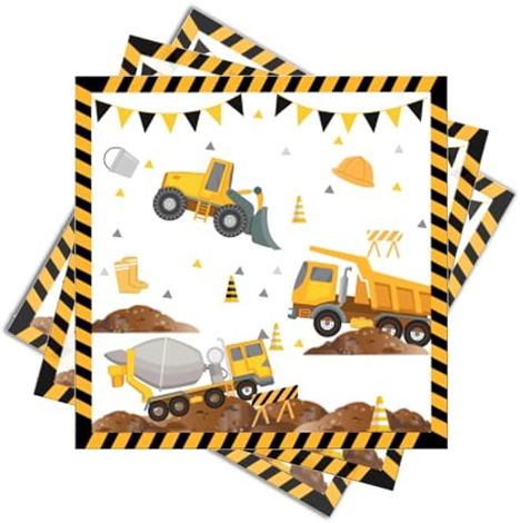 Nymora 20 Serviettes de Chantier à Motifs de Pelles, Déco Anniversaire Enfant Garçon - Véhicules de Chantier (Tracteur, Bulldozer) sur Serviettes en Papier pour Fête de Chantier