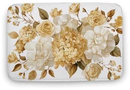 Jubonexis Tapete para puerta de baño, color crema y dorado, hortensias y rosas, tapete de terciopelo coral extrasuave, rápida absorción de agua, antideslizante, cómodo, tapetes de baño de 15.7 x 23.6