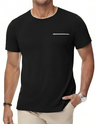 iClosam Men's Cotton T Shirt Short Sleeve with Colour Block Chest Pocket | Crew neck, regular fit, summer style, suitable for business and casual wear, sizes S–3XL
