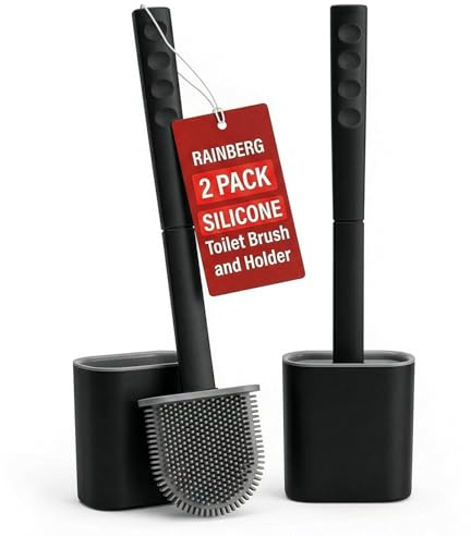 Rainberg 2 Pack, Silicone Toilet Brush and Holder Set, with Non-Slip Long Handle, Soft Flexible Bristles, Anti-Drip Base, Wall Mounted Toilet Brush Bathroom Cleaning, Hygienic Design (Black & Grey)