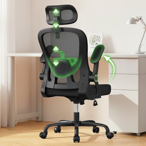 rattantree Bürostuhl Ergonomisch, Schreibtischstuhl mit Verstellbarer Rückenlehne/Kopfstütze/Hochklappbaren Armlehnen, Kleiner Drehstuhl mit Wippfunktion 135°, Bürostuhl mit Netzbezug, Schwarzer