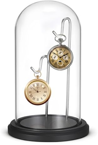 SUMNACON Glass Pocket Watch Dome Cloche with 2 Hook, Black Base 12.5 * 21cm | Decorative Clear Display Cloche Dome Display Bell Jar Glass Medal Cover Watch Ornament Showcase (No Watch)