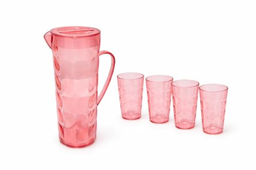 Almineez 2L Plastic Pitcher Jug with 4 x 350ml Tumblers Glasses and Vented Spout - Great for Picnics, BBQ’s, Poolside, Camping, Children’s Parties or Just Everyday Use