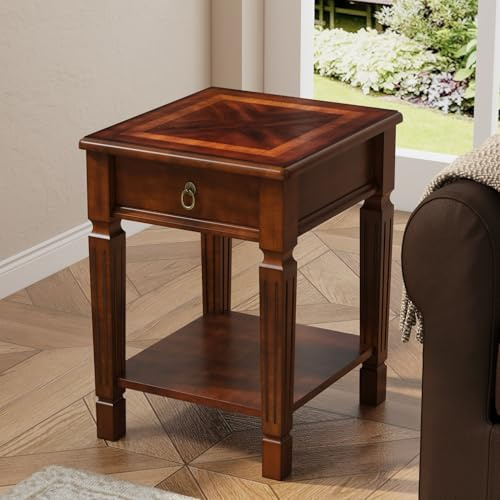 End Side Table with Storage Drawer and Shelf, Farmhouse Sofa Beside Table with Carved Wood Legs, 21.9”H Telephone Table for Living Room, Square Corner Tables, Easy Assembly, Dark Cherry BZ-D1258