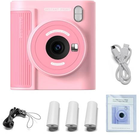 Appareil Photo Instantané Enfant, Caméra Numérique 1080P avec Imprimante Thermique Sans Encre, Écran 2 IPS, Carte 32 Go - Cadeau Créatif pour Garçons et Filles (Rose)
