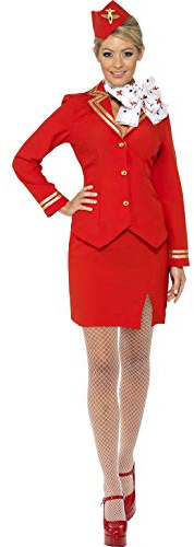 Smiffys Trolley Dolly Costume, Red with Jacket, Skirt, Scarf and Hat, Icons & Idols Fancy Dress, Adult Dress Up Costumes