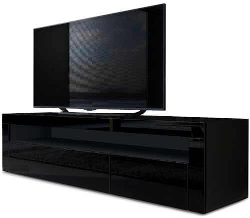 Vladon Lowboard Valencia, Made in Germany, TV-Kommode mit 1 offenem Fach und 2 Klappen, Schwarz matt/Schwarz Hochglanz (155 x 46 x 40 cm)