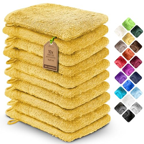 NatureMark 10x Waschhandschuhe aus Frottee 100% Baumwolle – Weich und Robust, Ideal für die tägliche Pflege und Gäste – Gelb, 15x21 cm