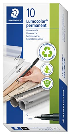 STAEDTLER Folienstift Lumocolor permanent, schwarz, wasserfest, wischfest, sekundenschnell trocken, Linienbreite ca. 0.4mm, hohe Qualität Made in Germany, 10 Stück in Kartonschachtel, 313-9