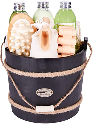 BRUBAKER Cosmetics Wellness Badeset - Aloe Vera - 9-teiliges Geschenkset mit Pflege- und Massage Accessoires im dekorativen Badefass