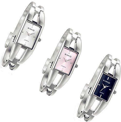 Lancardo 3pcs Damen Armbanduhr, Rechteck Manschette Damenuhr Spangenuhr Armkette Uhr Armreif Analog Quarzuhr,Silber schwarz