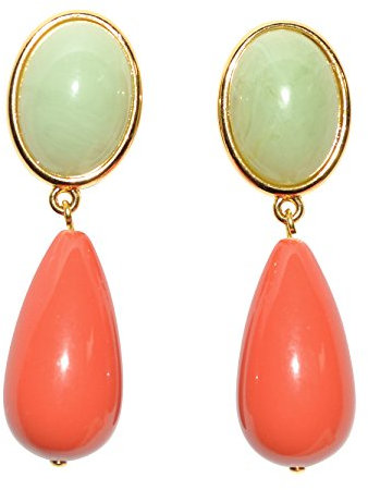 Leichte sehr große Ohr-Clips vergoldet Stein jade-grün Anhänger korall-rot Tropfen Designer JUSTWIN Geburtstag Fest Party Geschenk edel elegant stilvoll