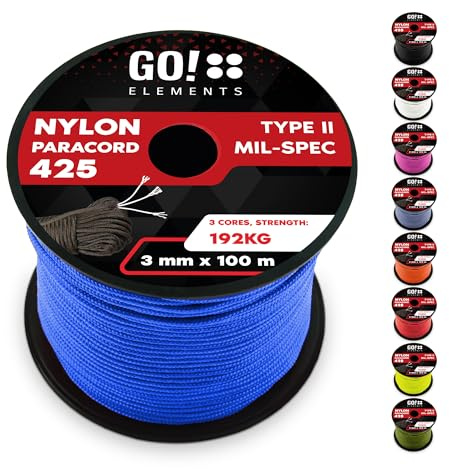 GO!elements Paracord de Nylon Resistente al desgarro 3mm – Tipo II 425, línea Multiuso para Exteriores y Supervivencia, Carga máx. 192kg