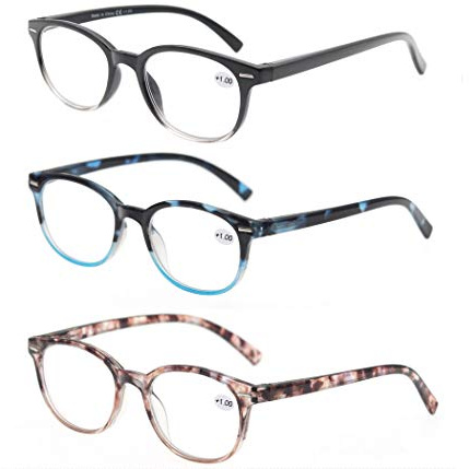 MODFANS Lot de 3 Lunettes de Lecture 2.5 Femme,Lunettes Loupe Monture Legere Branches a Ressort,Lunettes de Vue Ronde Noir-Bleu-Rose