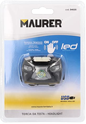 MAURER Linterna LED Frontal Cabeza Multifunción Con Bateria Recargable (1.200 mAh) 120 Lumenes Con Sensor Movimiento