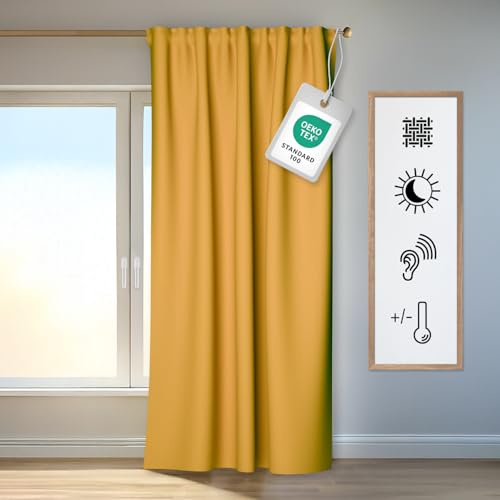 Homing Vorhang Kim Safran | Verdunkelungsvorhang inkl. Multifunktionsband | Thermovorhang Hitzeschutz | Akustikvorhang Schalldämmung | Vorhang Blickdicht | Blackout Curtain | 140x245 cm | 1 STK.