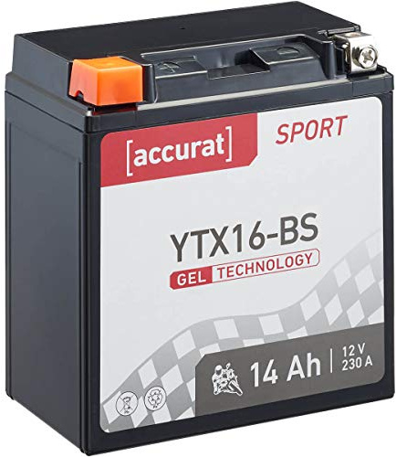 Accurat Motorradbatterie YTX16-BS, Gel, 12V 14Ah, wartungsfrei, zyklenfest | geeignet für Roller, Quad, rüttelfest, Starterbatterie, Erstausrüsterqualität, vorgeladen