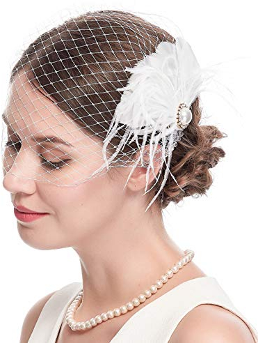 Damen 20er Jahre Fascinator Mesh Schleier Haarspangen Braut Hochzeit Tee Party Fascinator Schleier für Frauen (weiß)
