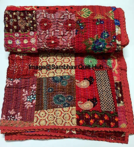 Sari Jari patchwork in seta con ricamo fatto a mano, trapuntatura kantha kantha, trapuntatura kantha, reversibile, trapuntatura kantha assoted, coperta, matrimoniale, king size, rosso, 374 x 274 cm