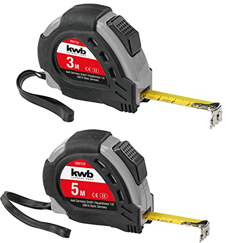 kwb PRECISA Band-Maß Set 2-teilig mit Maßband aus Stahl, 3 + 5 m, mit Hand-Schlaufe, inkl. Gürtel-Befestigung, mit Magnet-Haken, Maßband für Mess-Arbeiten im Holz-, Metall- und Trockenbau