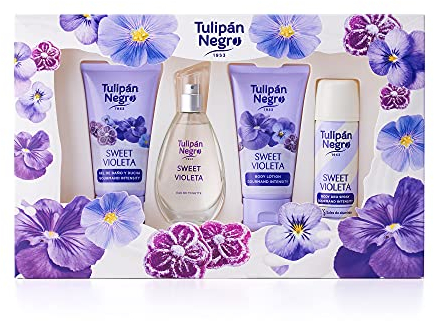 Svart tulpan - söt violett, unisex presentförpackning, Köln 50 ml + kroppslotion 75 ml badgel 75 ml deodorant spray 50 ml, långvarig söt och blommig doft