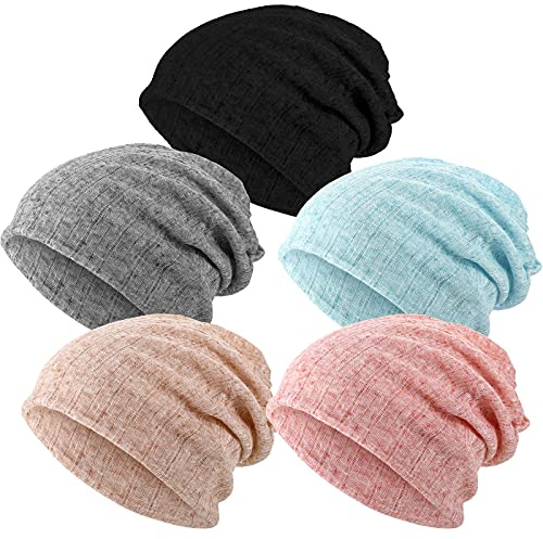 SATINIOR 5 Pieces Women's Slouchy Beanie Chemo Hat Stretch Cancer Head Wraps Sleep Head Scarf for Cancer Patient(Bright Color,Fresh Style)
