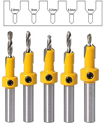 Bestgle 5 Pcs Quick Change Svasatore per Legno Frese Countersink Drill HSS Bit 8mm Gambo Punta da Trapano 2.8 mm-4 mm Punta Conica per Trapano in Legno