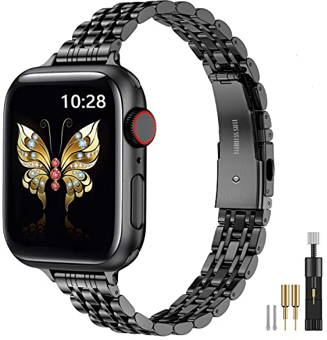 MioHHR Slim Straps Compatible with Apple Watch Strap 38mm 40mm 41mm 42mm(Series 11/10),Thin Stainless Steel Metal Chain Band for Women iWatch Straps Series 9 8 7 6 5 4 3 2 1 SE,Black