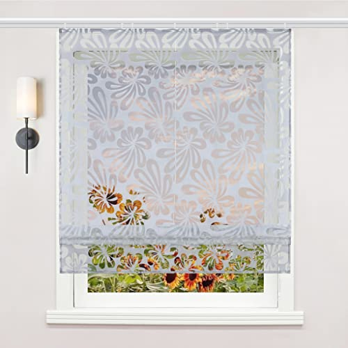 Delien Raffrollo mit Klettband Voile Transparente Ausbrenner Gardine Raffgardine Modern Raffvorhang mit Blumenmuster Kurzschals Bändchenrollo Küchengardinen 1 St. BxH 140x140cm,Grau
