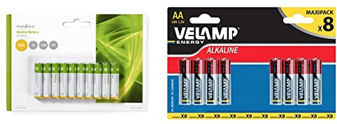 NEDIS Batteria alcalina AAA | 1.50 V | AAA / MN2400 / MV2400 / MX2400 / 24A / 1200 | 10 pz. | Blister Giallo/Verde & Velamp LR6/8BP Blister di 8 Pile Alcaline Stilo LR6 AA, 1.5V, Rosso